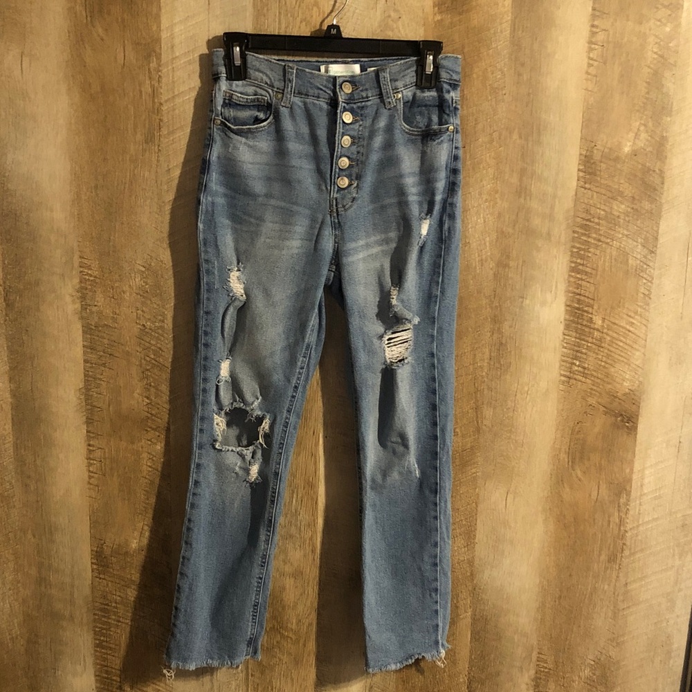 Celebrity Pink Light Blue Distressed Button-Fly Jeans RE Generation Solar style